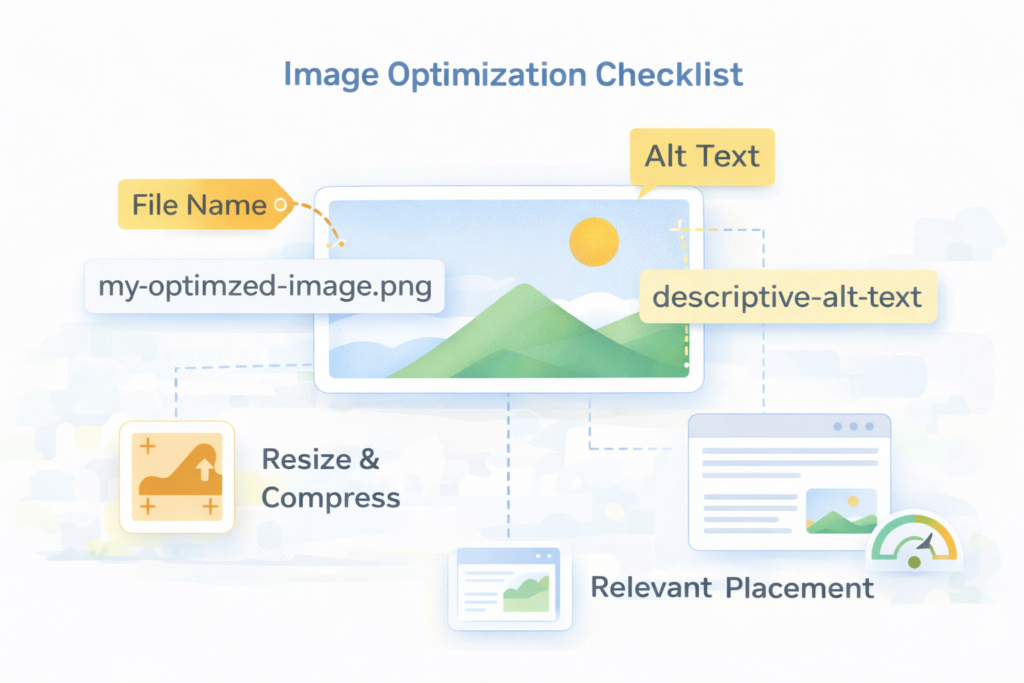 Diagram showing key image SEO elements such as file names, alt text, and optimization steps.