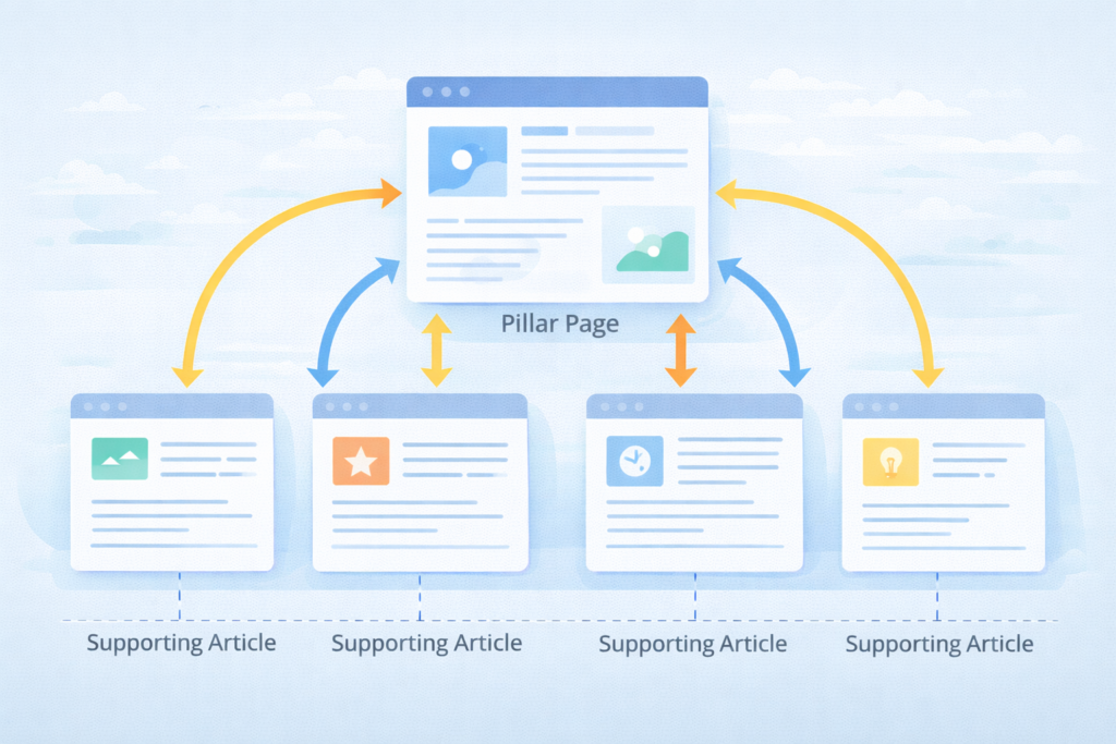 Illustration showing internal linking structure with pillar pages and supporting content.