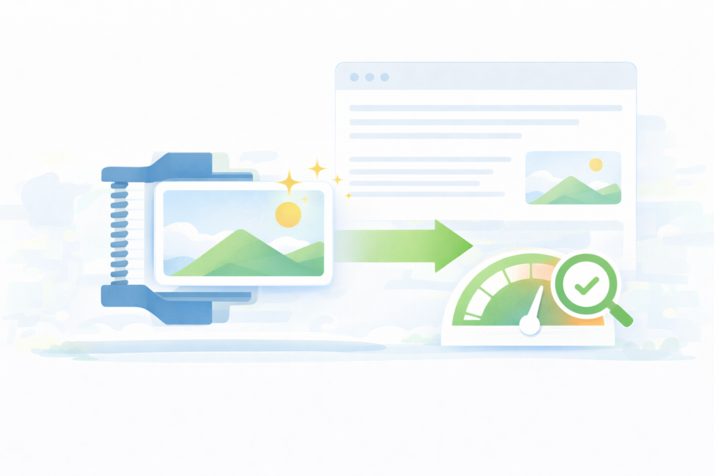 Illustration showing image compression improving website performance and SEO.