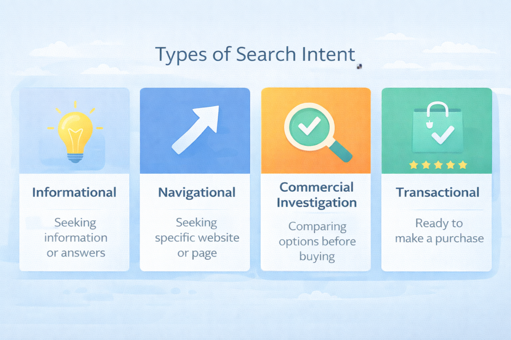 Infographic explaining the four main types of search intent in SEO.