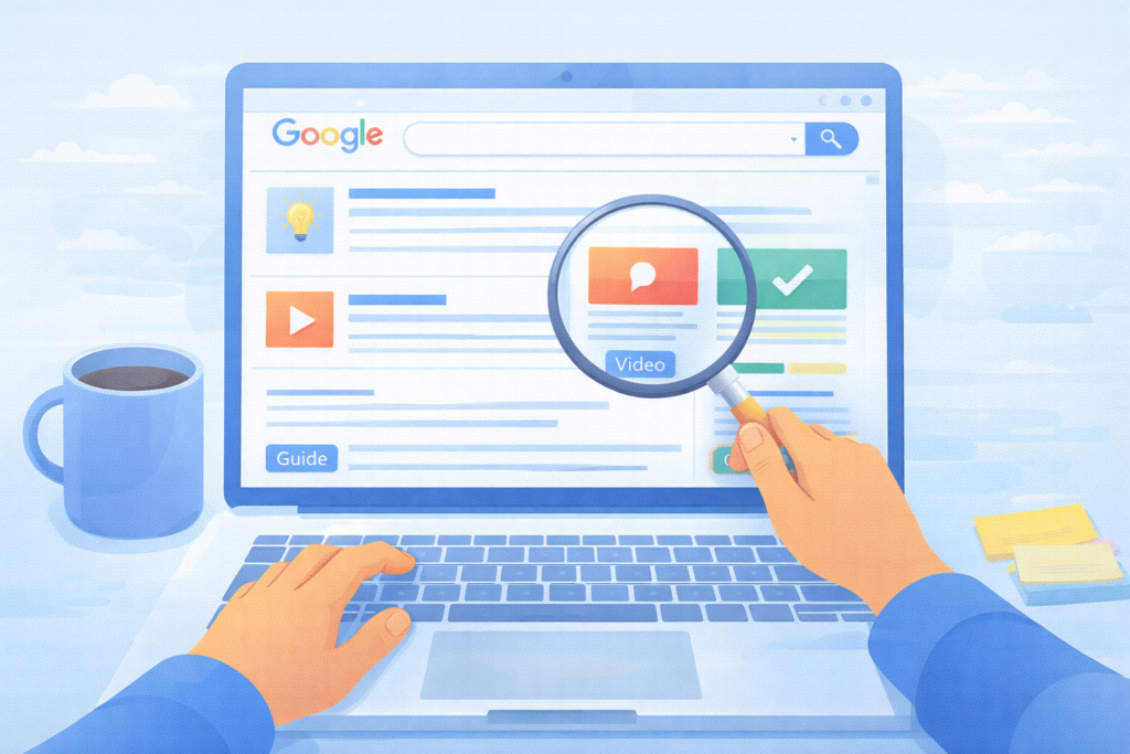 Illustration showing how SEO professionals analyze search results to identify user intent.