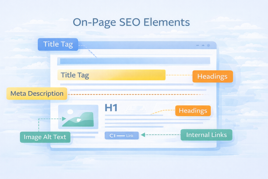 Infographic showing essential on-page SEO elements within a webpage.