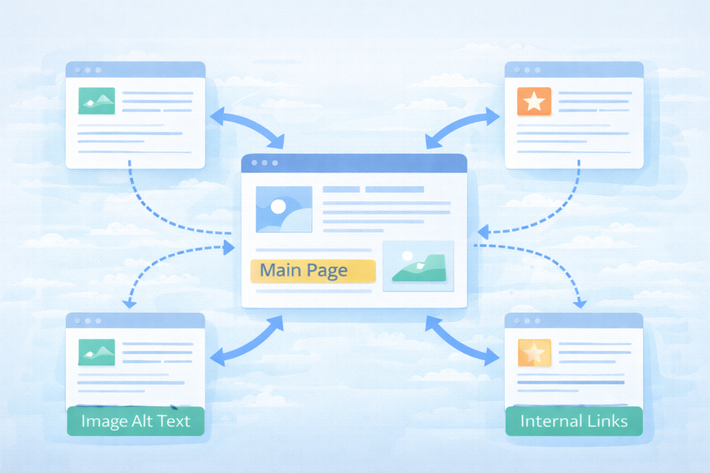 Illustration showing how internal links support on-page SEO and page relevance.
