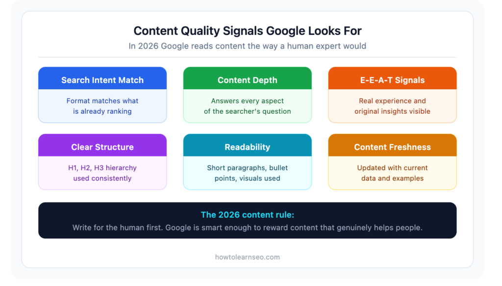 content quality signals Google looks for on-page SEO 2026