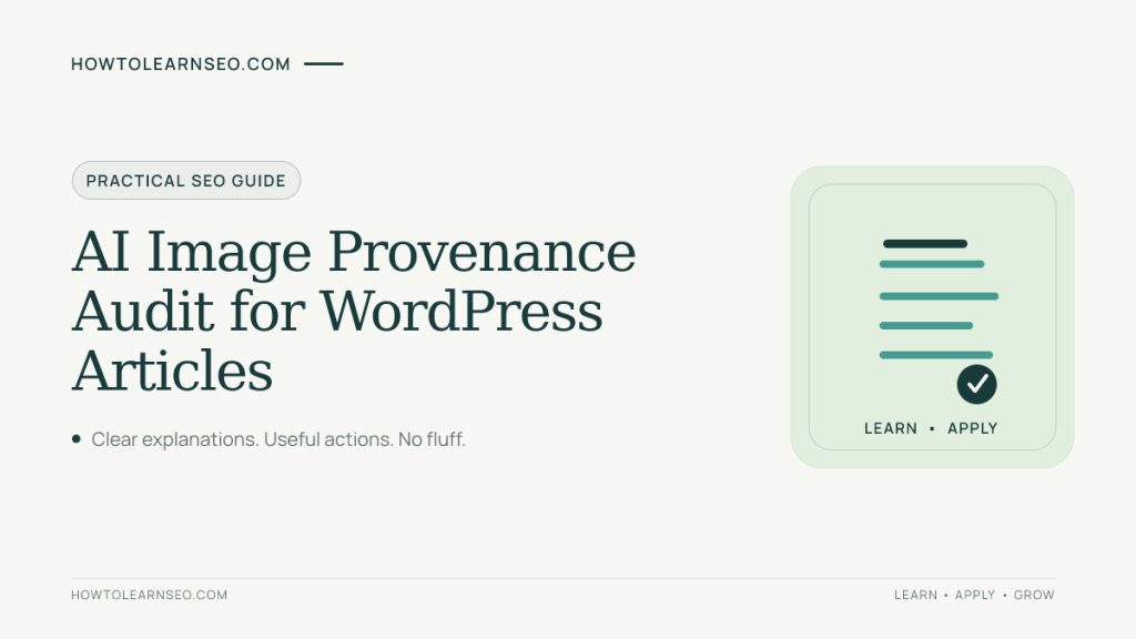 AI image provenance audit guide in classic teal text with a simple flat audit icon