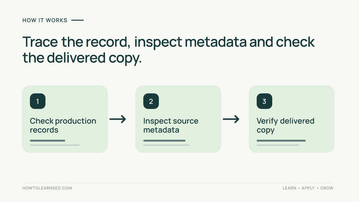 Three-stage image provenance audit covering production records, source metadata and the delivered file