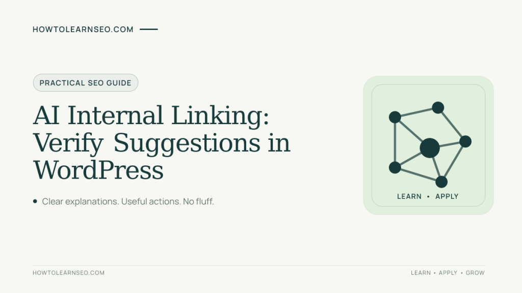 AI internal linking verification guide in classic teal text with a simple flat audit icon