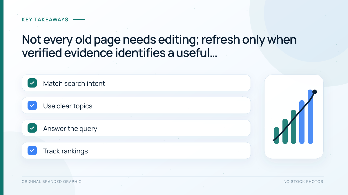 Content refresh decision table separating factual, performance, technical, and no-change cases