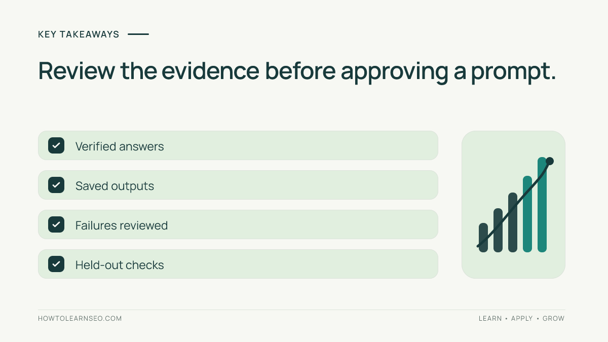 Prompt approval checklist for verified reference answers, saved outputs, reviewed failures and held-out checks