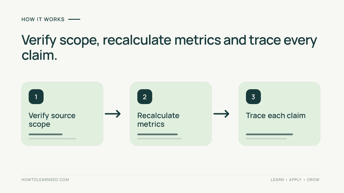 Three-stage AI SEO report audit: verify source scope, recalculate metrics and trace each claim to evidence