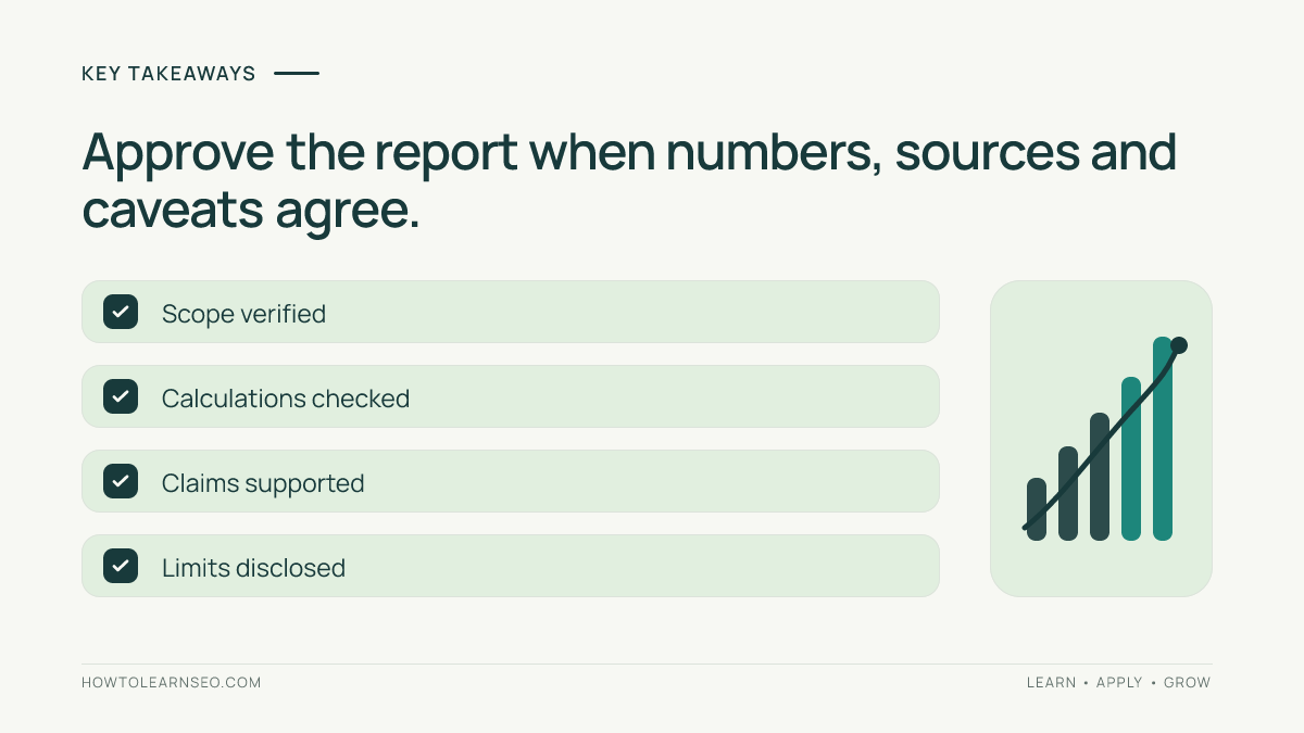 SEO report approval checklist for verified scope, checked calculations, supported claims and disclosed limits