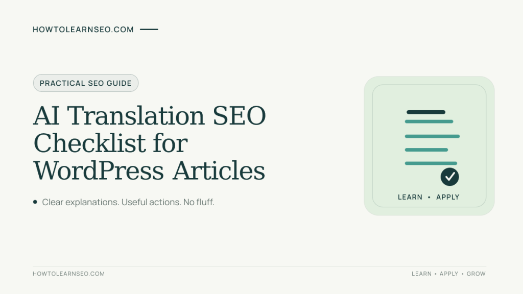 AI translation SEO checklist title in classic teal text with a simple flat audit icon