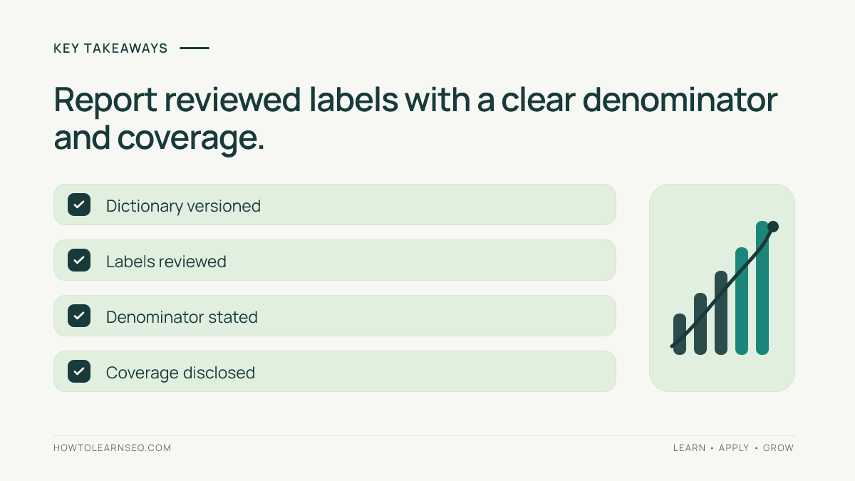 Branded query reporting checklist: versioned dictionary, reviewed labels, stated denominator and disclosed coverage