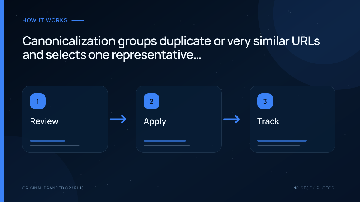 Four-step canonicalization process from URL discovery to canonical URL selection