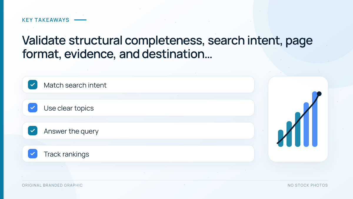 Quality-control checklist for validating ChatGPT keyword clusters in Google Sheets