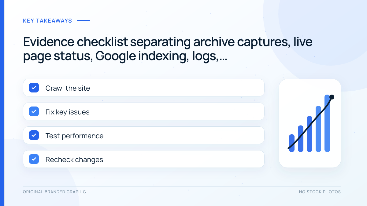 Checklist separating Common Crawl captures from live SEO and AI visibility evidence