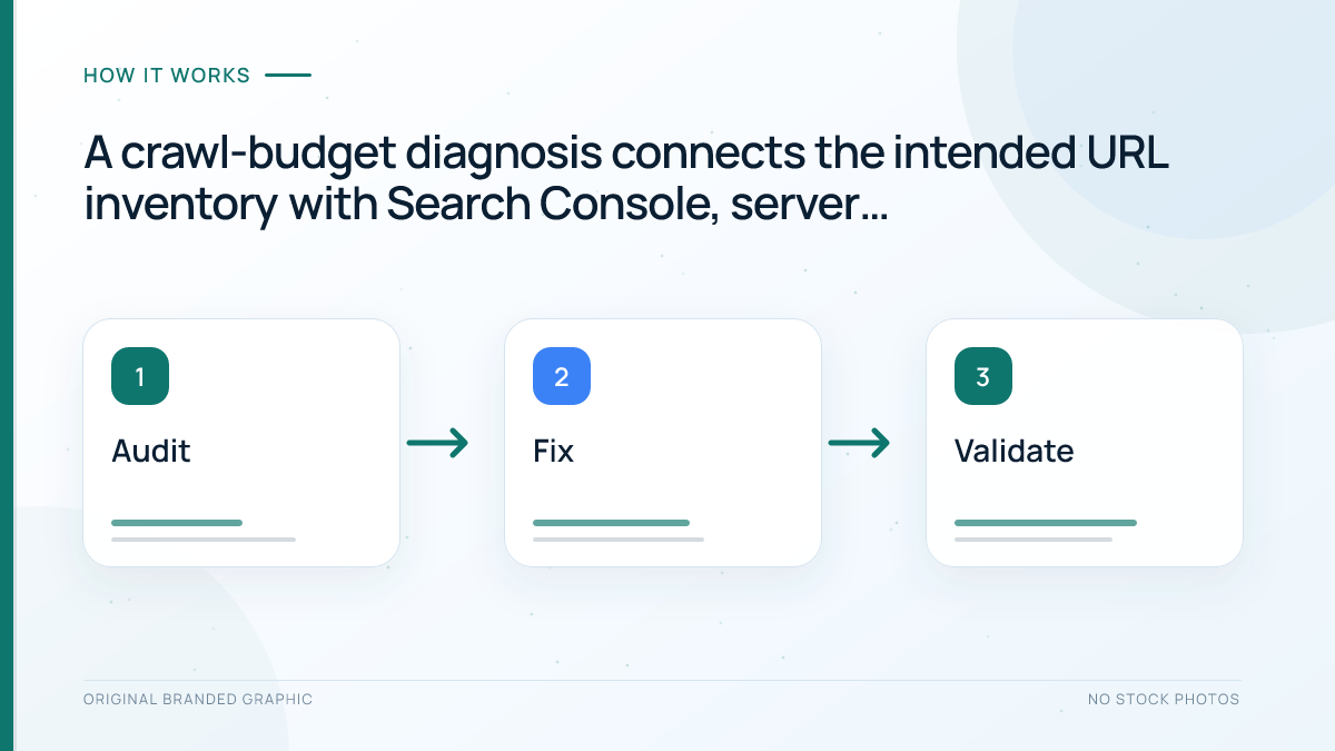 Six-step crawl budget audit using inventory, Search Console, logs, and URL inspection
