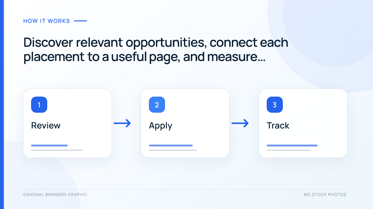Three-stage digital PR workflow showing Review, Apply and Track steps