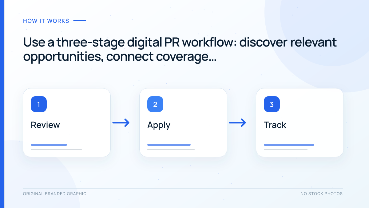 Three-stage digital PR workflow from discovery to connection and measurement