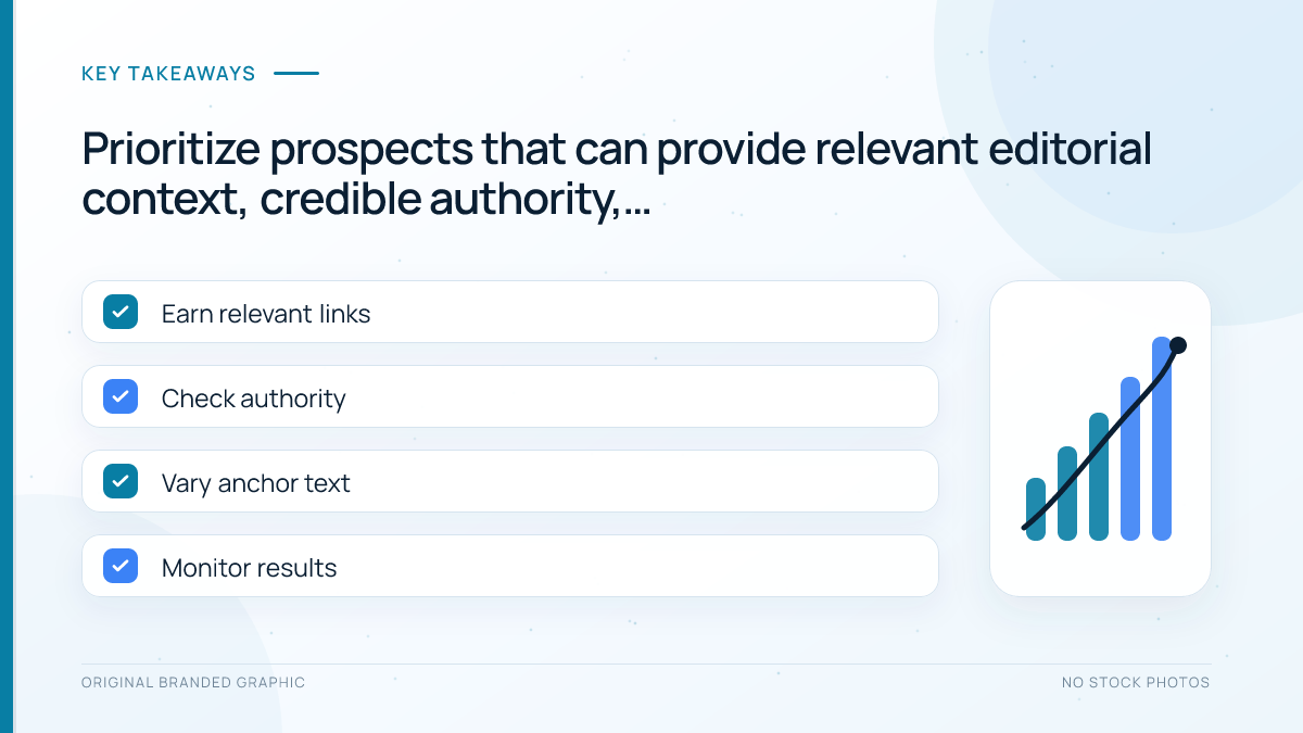 Four-part digital PR prospect checklist covering relevance, authority, natural anchor text, and monitoring