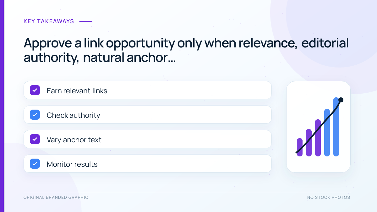 Four-part link opportunity checklist covering relevance, authority, natural anchor text and monitoring