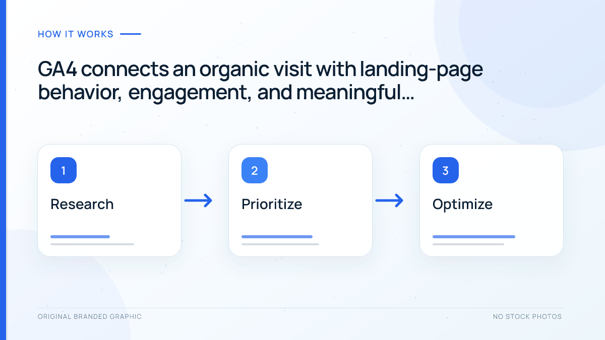 GA4 SEO measurement flow from organic search visit to landing page engagement and key event