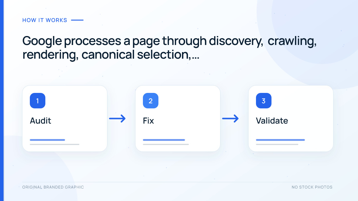Six-step Google indexing process from URL discovery through crawling, rendering, canonical selection, evaluation, and indexing