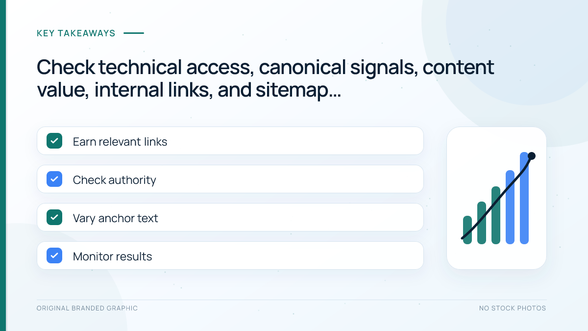 Google indexing checklist covering status code, crawl access, robots directives, canonical URL, content, links, and sitemap