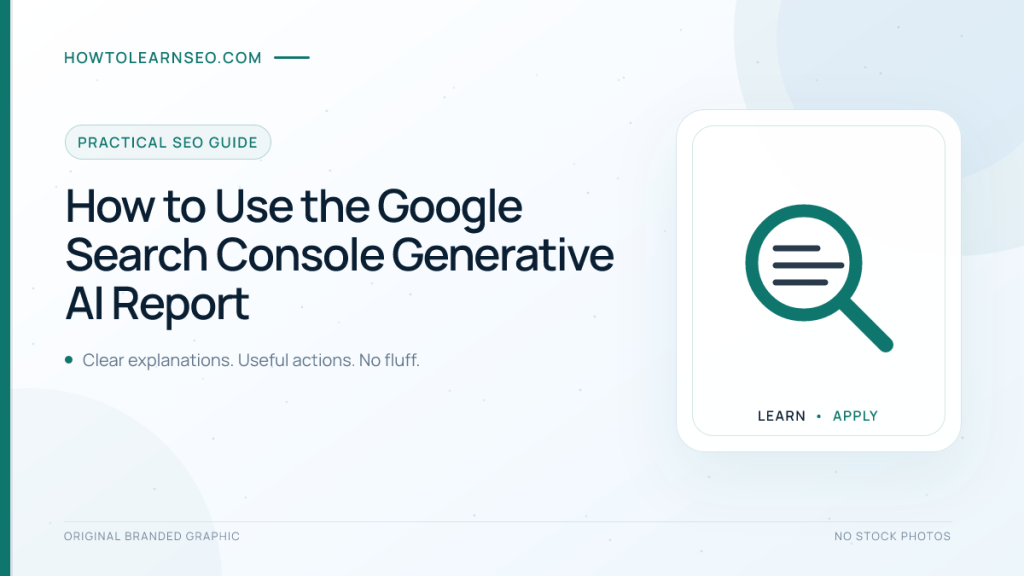 Google Search Console Generative AI report guide with impression chart, page table, and analysis checklist