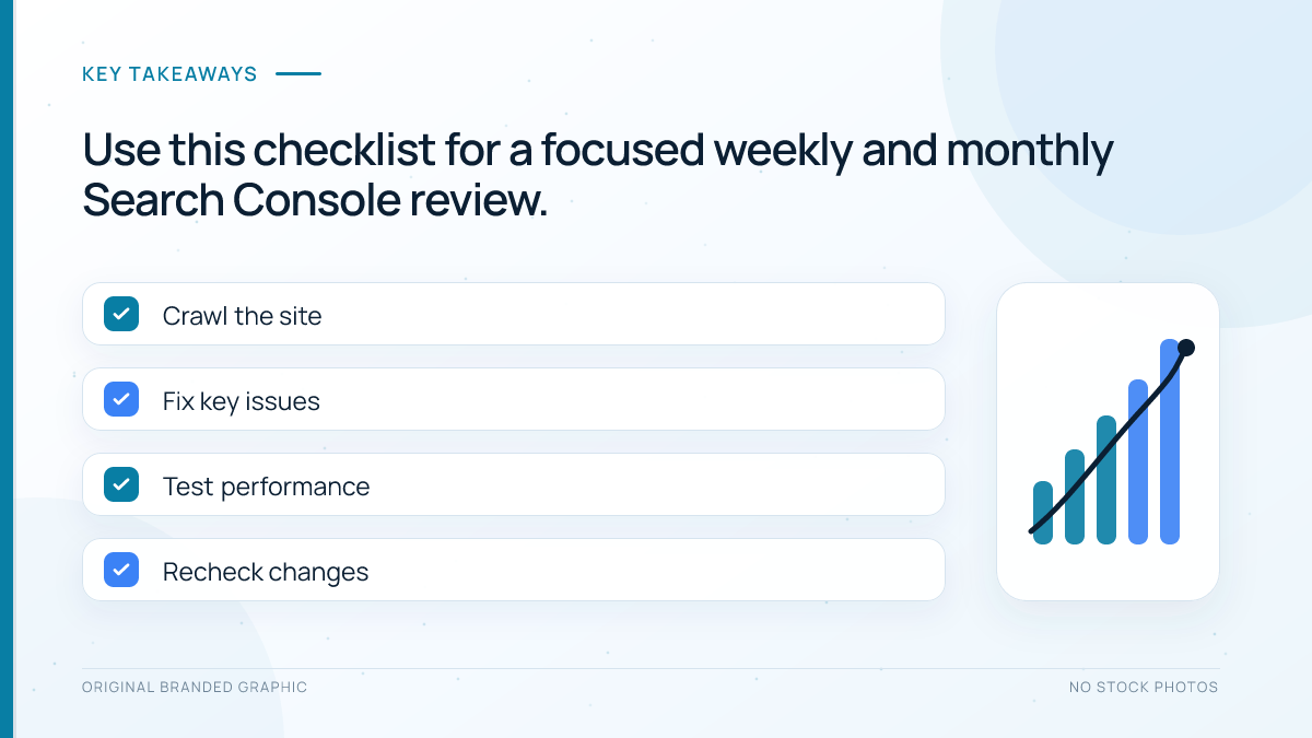 Google Search Console review checklist covering performance, indexing, sitemaps, alerts, and reporting