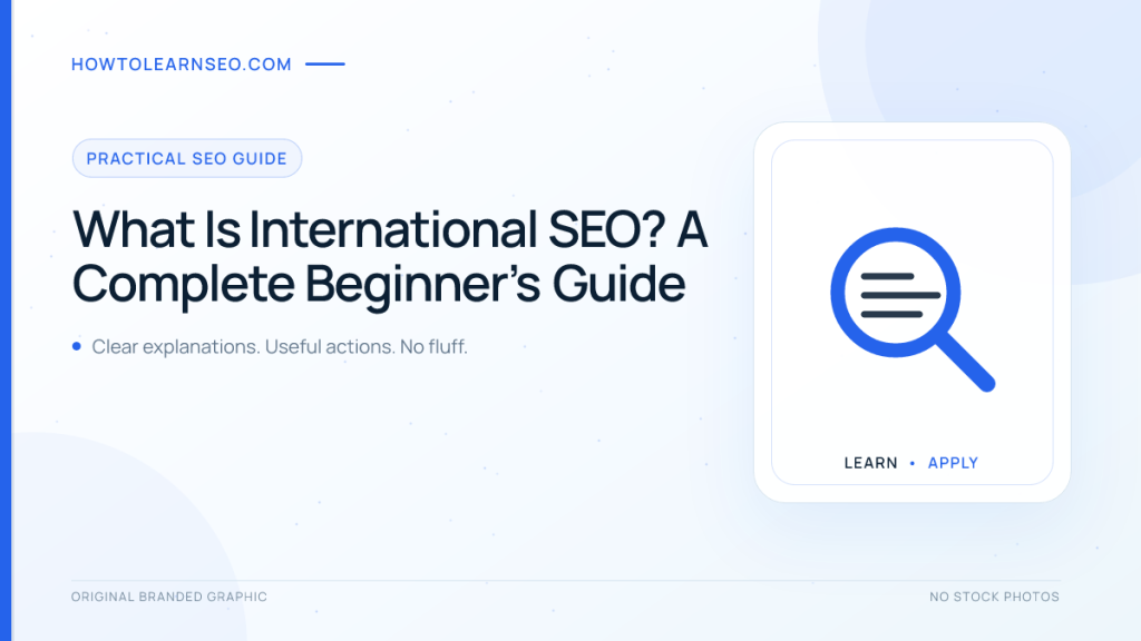 International SEO guide with a globe, localized website versions, and search signals