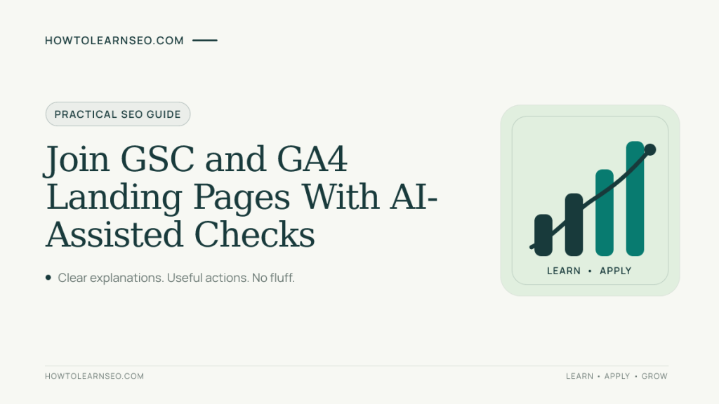 GSC and GA4 landing-page join guide with a simple flat bar-chart icon