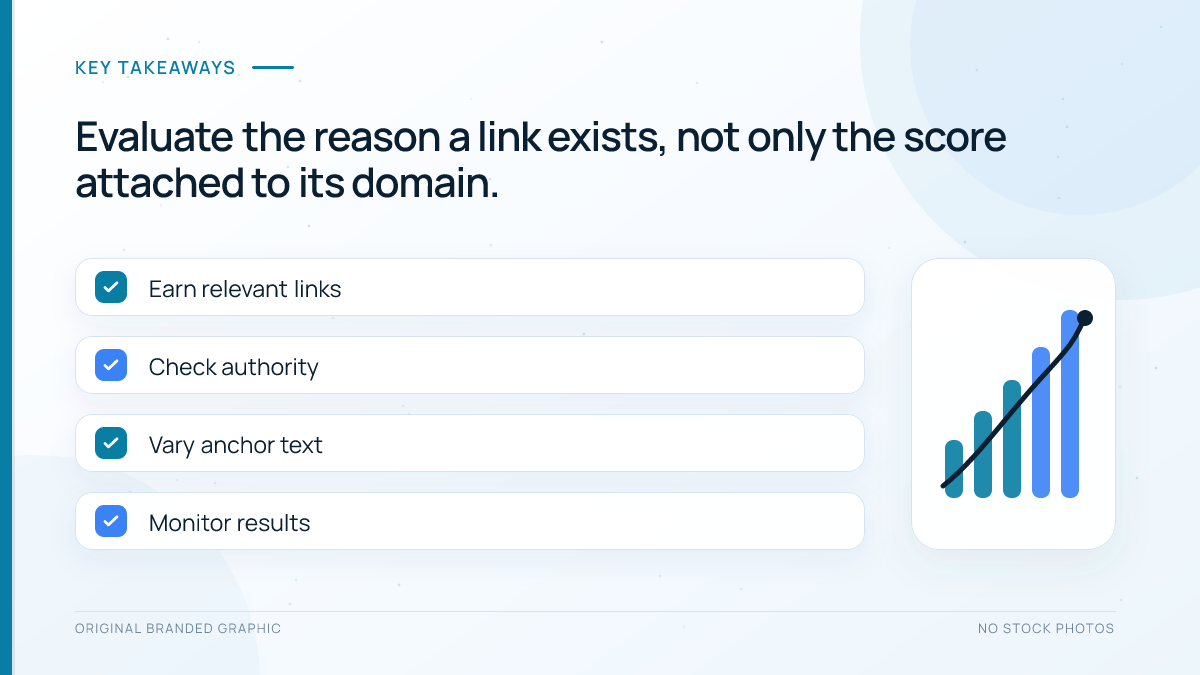 Backlink quality checklist covering relevance, editorial choice, context, destination, transparency, and audience