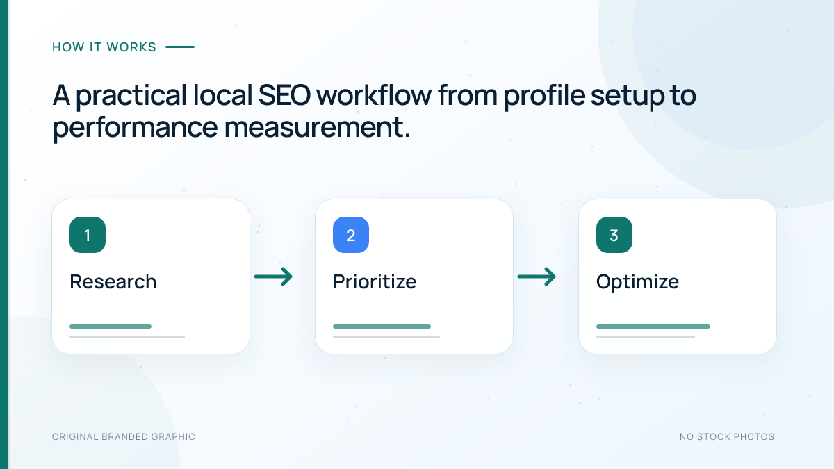 Eight-step local SEO workflow from profile eligibility to performance measurement