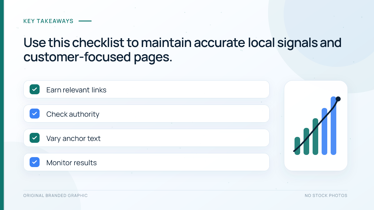 Local SEO checklist covering business information, pages, reviews, citations, links, schema, and tracking