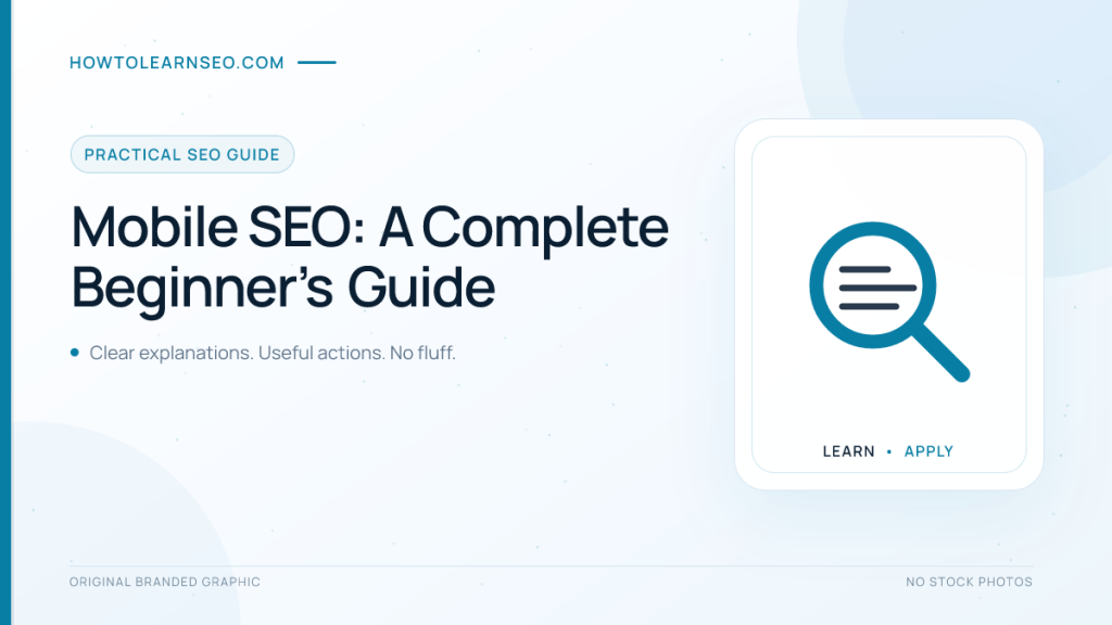 Mobile SEO guide showing a smartphone, search visibility, speed, content, and usability