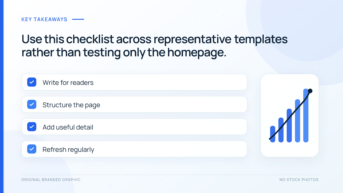 Mobile SEO checklist covering responsive design, content parity, crawlability, speed, navigation, and testing