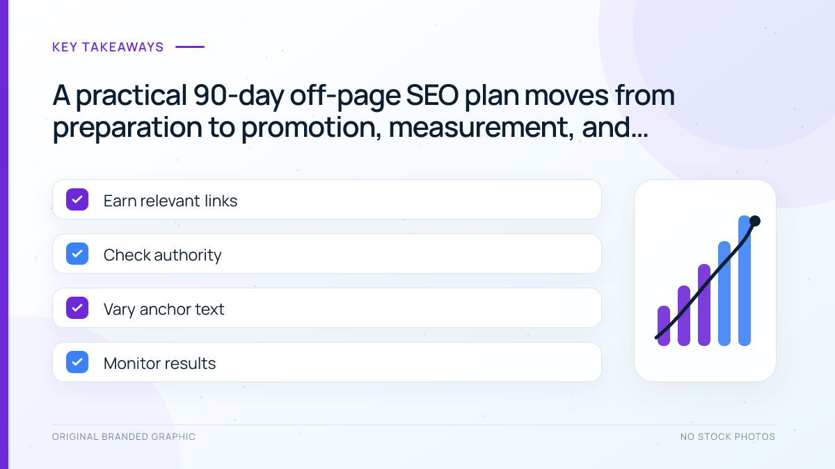 Ninety-day off-page SEO checklist covering foundation, promotion, outreach, measurement, and improvement