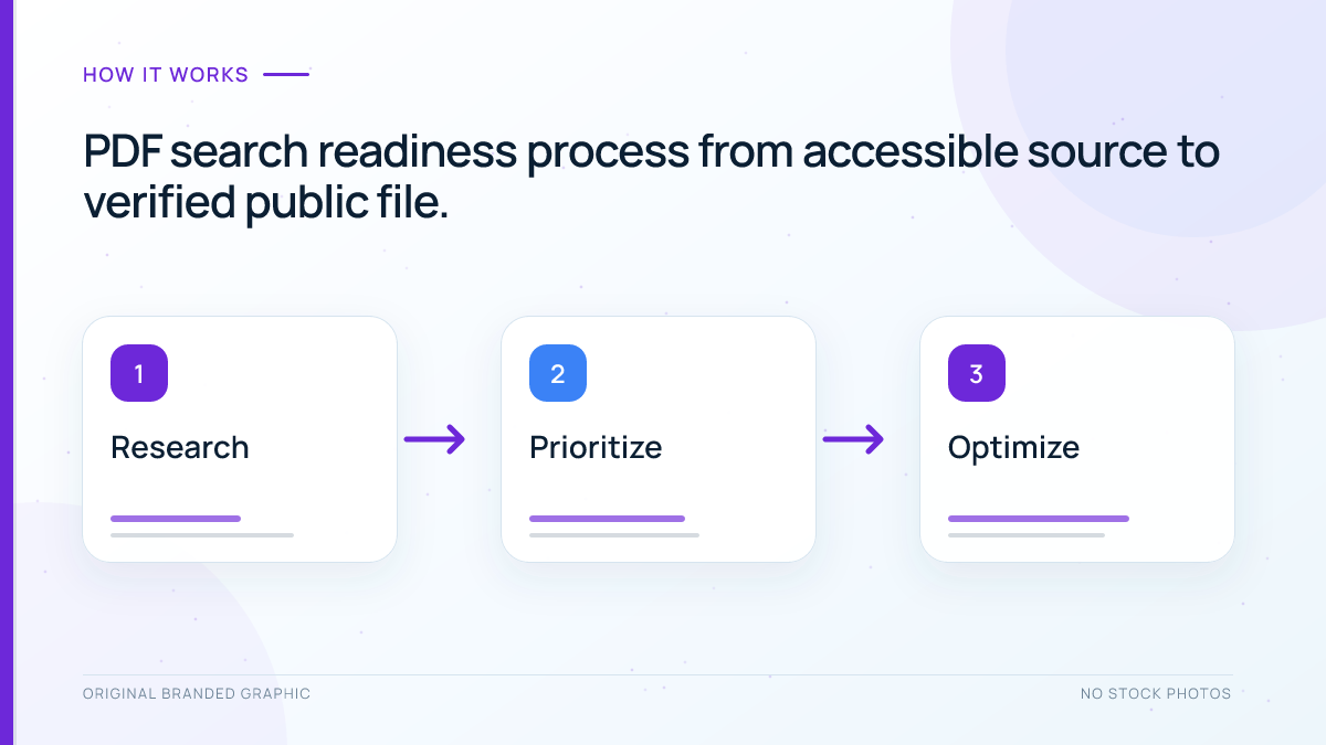 Eight-step PDF SEO process covering text, accessibility, delivery, links, controls, and crawler access