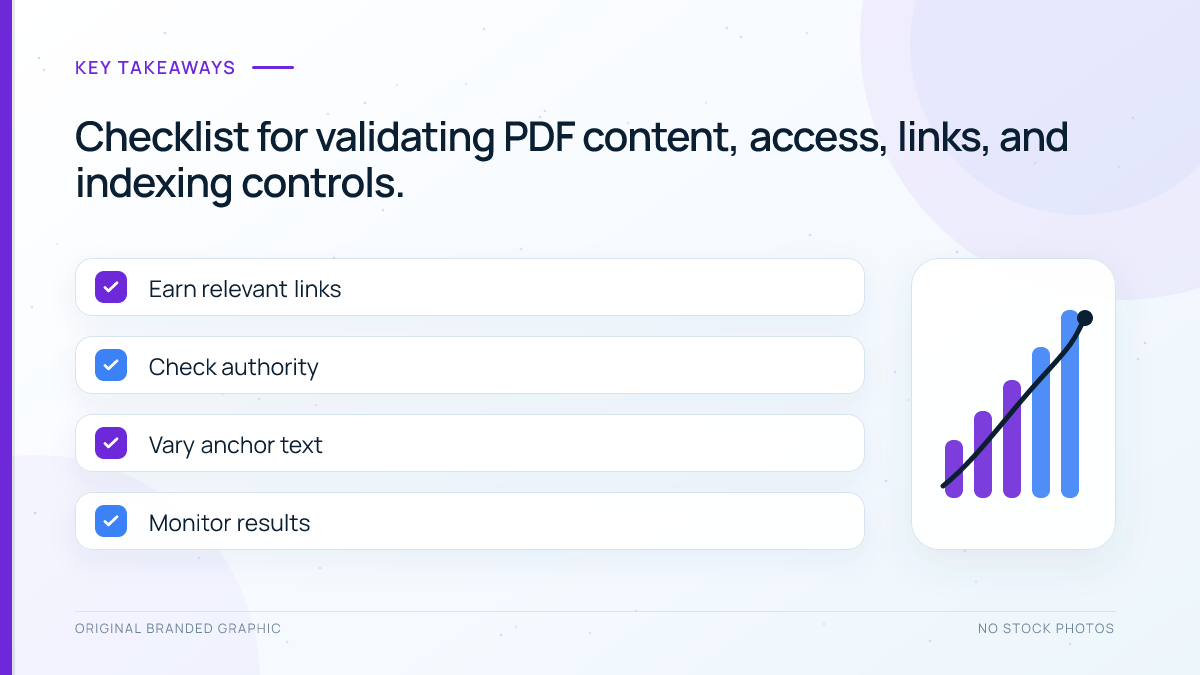 PDF SEO validation checklist for content, accessibility, public access, internal links, and indexing controls