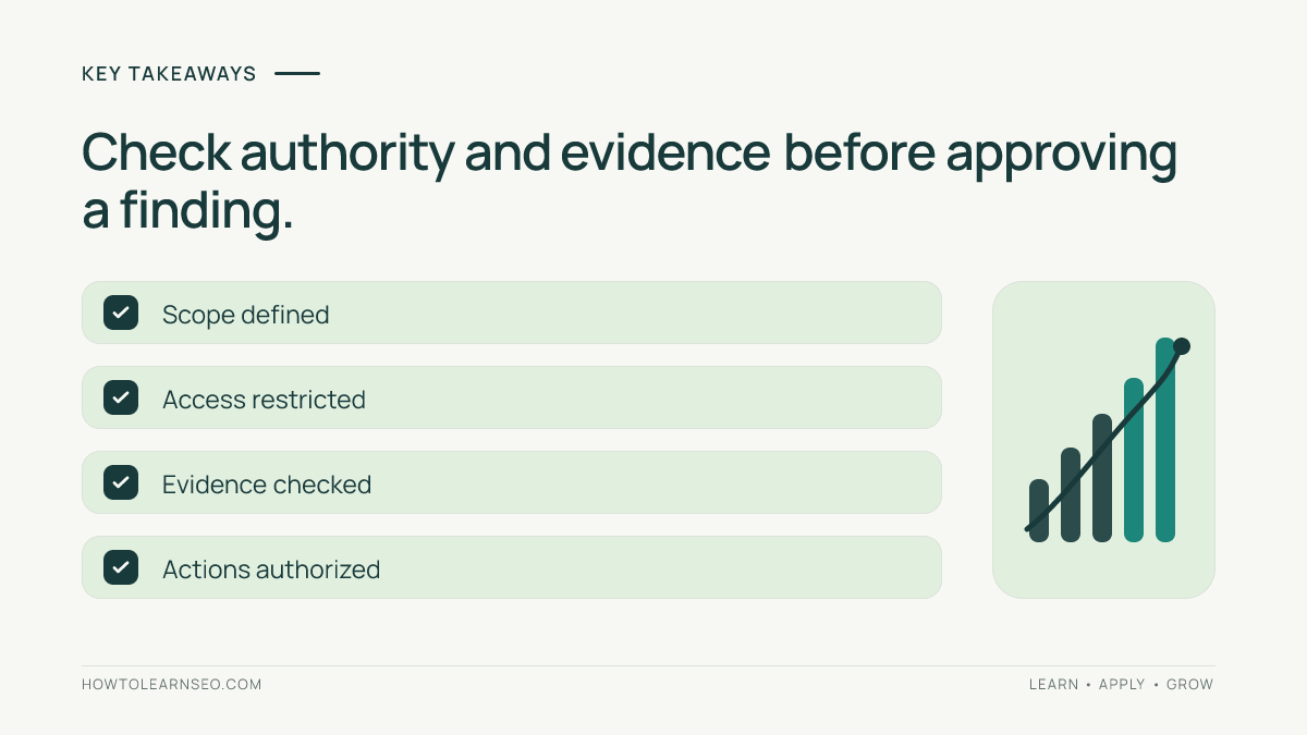 AI SEO audit checklist for defined scope, restricted access, checked evidence and authorized actions