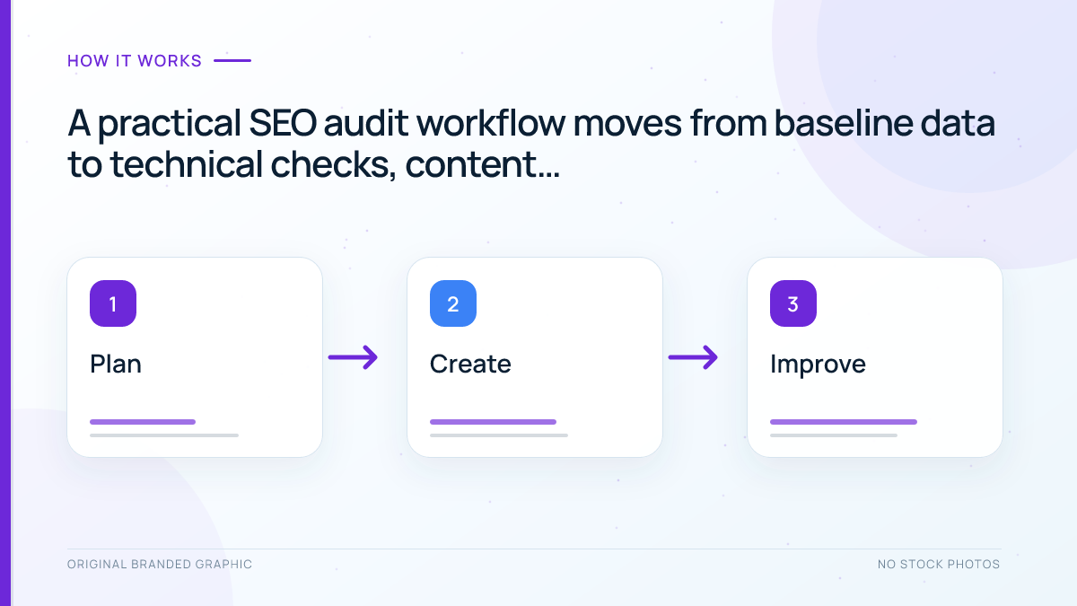 SEO audit workflow from performance baseline through crawl, indexing, content, and prioritization