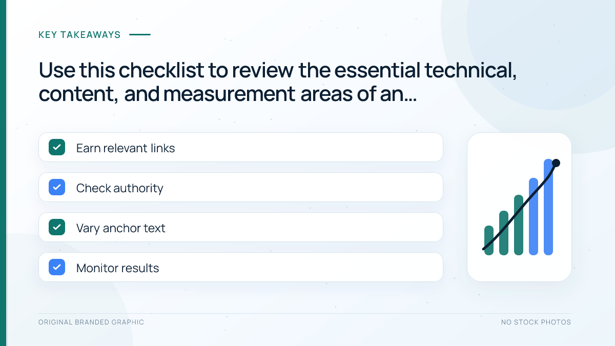 SEO audit checklist covering accessibility, indexing, canonicals, internal links, content, and measurement