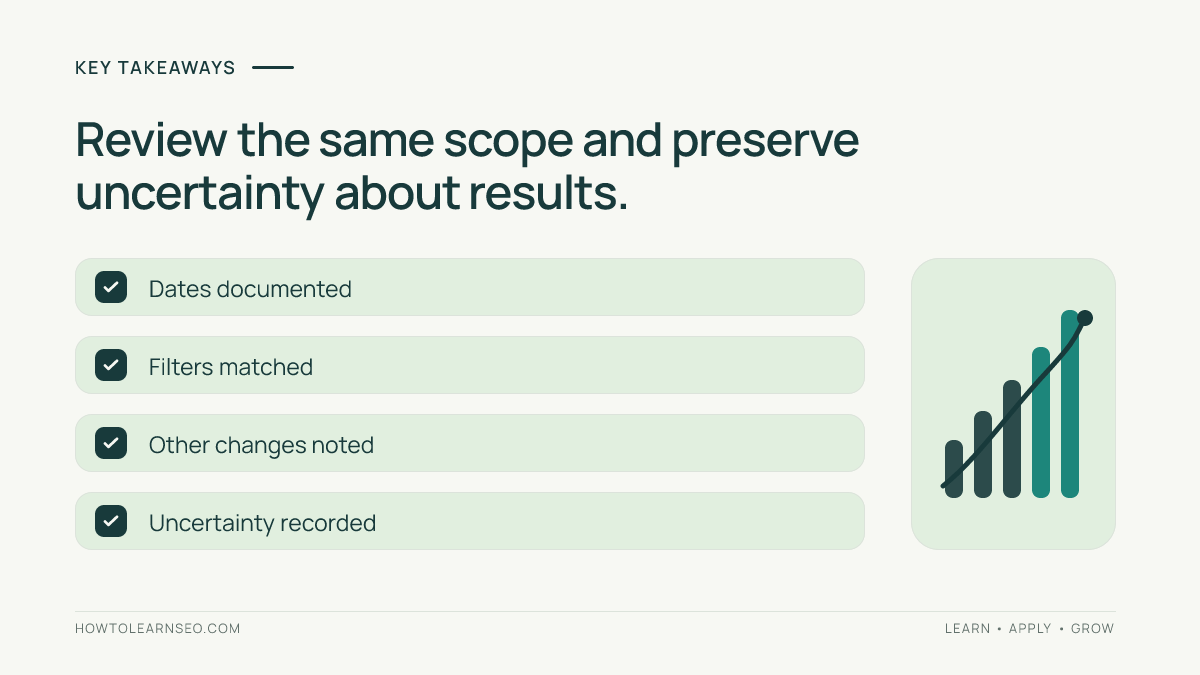 SEO change review checklist covering documented dates, matched filters, overlapping changes and uncertainty