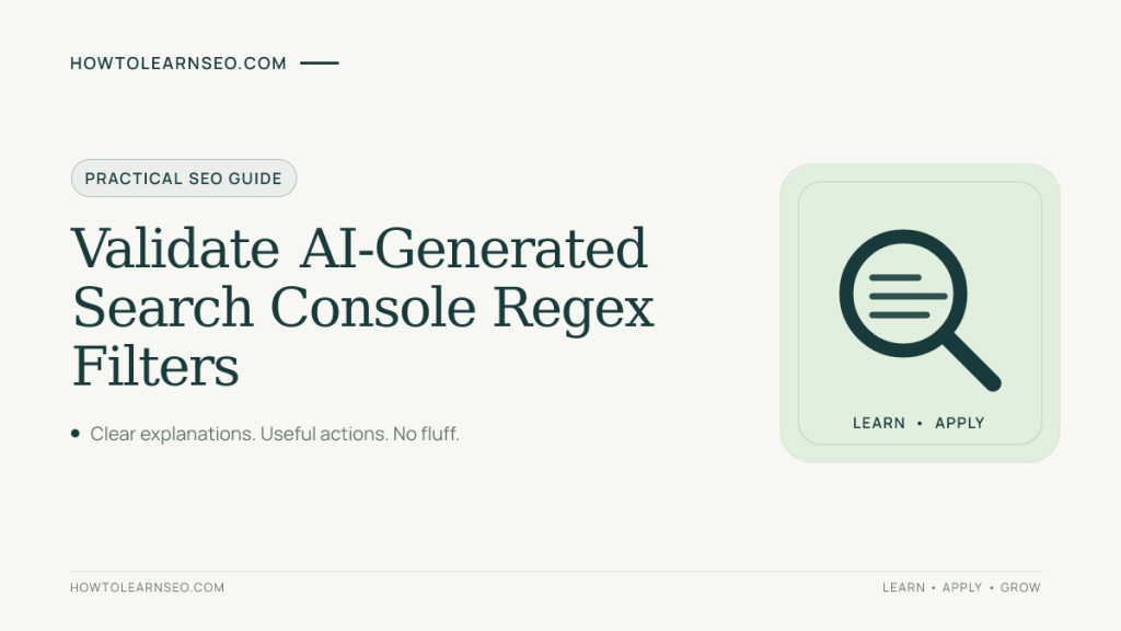 AI-generated Search Console regex validation guide with a simple flat audit icon
