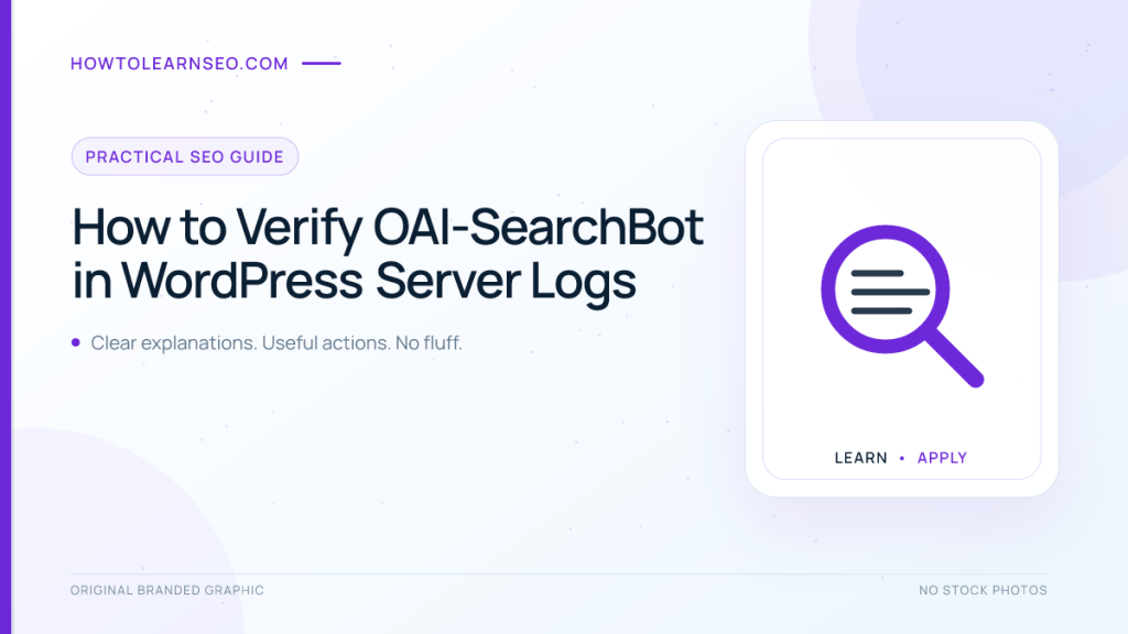 Branded diagram for verifying OAI-SearchBot requests in WordPress server logs against published IP ranges.