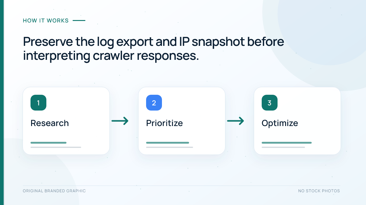OAI-SearchBot verification process from trusted request logs through IP range matching to response review.