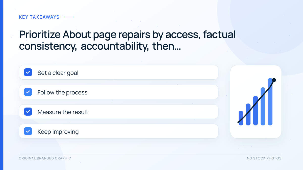 Priority order for repairing problems found in a WordPress About page audit