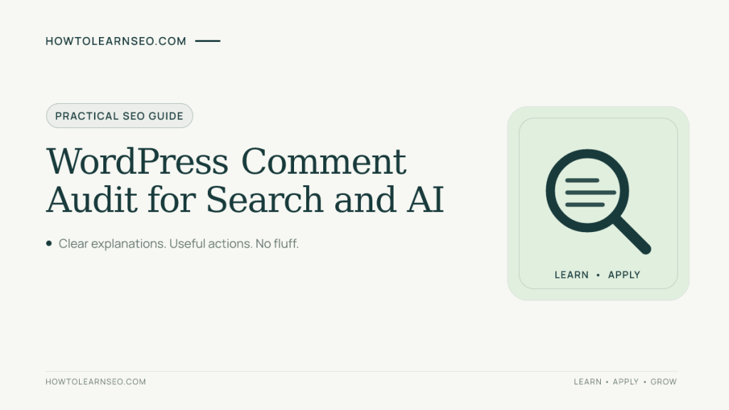 WordPress comment audit guide with classic teal text and a simple flat icon