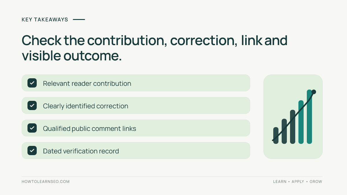 Comment review checklist covering relevance, corrections, qualified links and a dated verification record